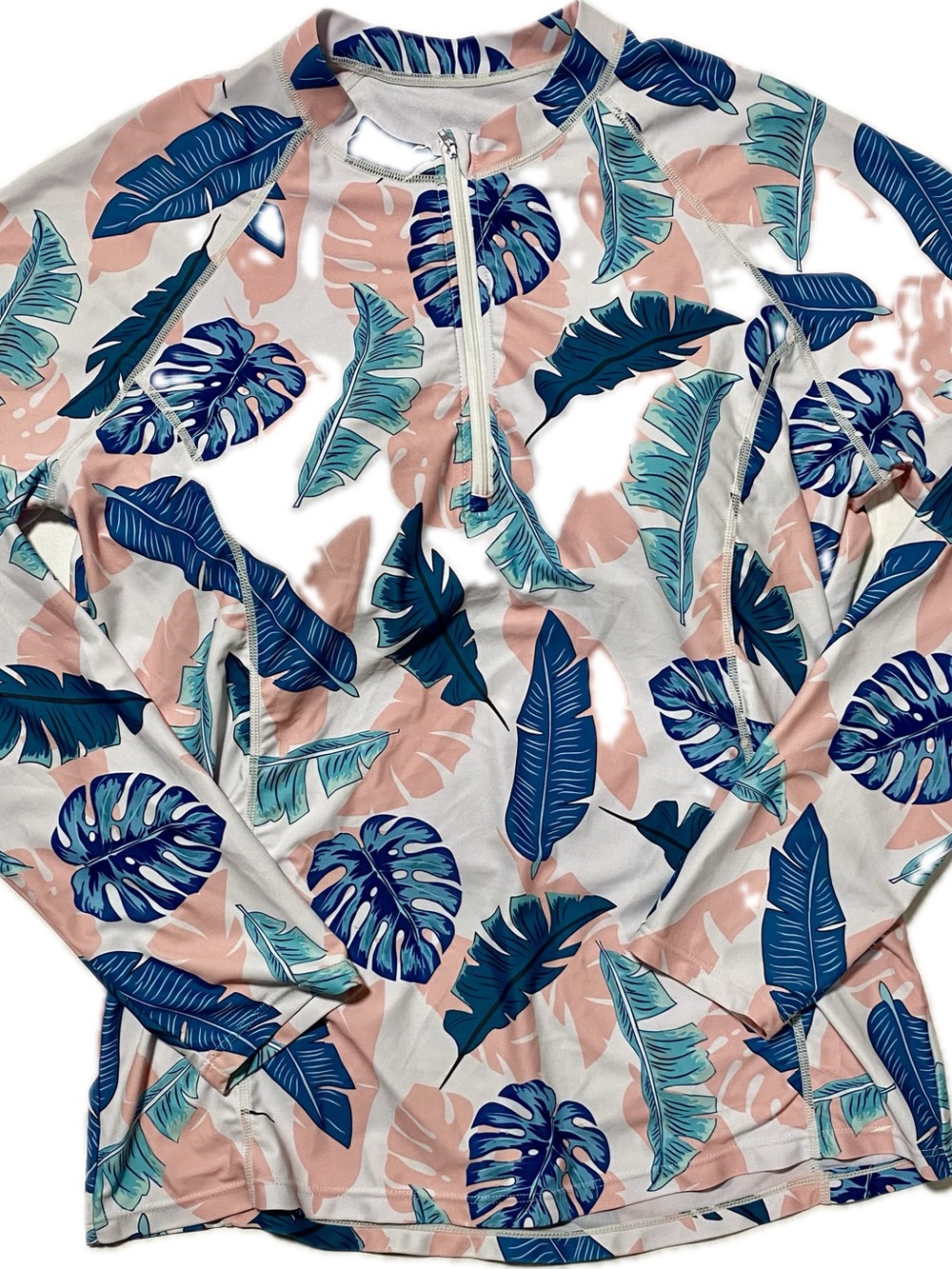 Women’s Long Sleeve Swim Footie Rash Guard - Blue & Pink Leaf Print
